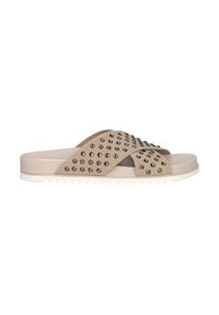 Beige slide sandals with studded upper, two crossed straps, and white zigzag sole. Made from soft material with a smooth texture.