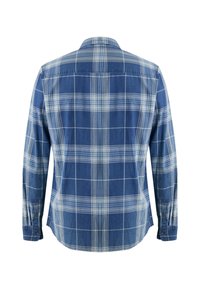 Camicia a maniche lunghe a quadri in tonalità di blu scuro e blu chiaro. Presenta un colletto button-down, un motivo a quadri contrastante e polsini standard.