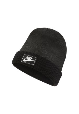 Bonnet en maille noire avec revers plié présentant un patch rectangulaire avec le logo Nike blanc et le swoosh à l'avant.