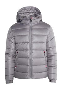 Giacca a vento grigia con cappuccio, dotata di chiusura a zip frontale, pannelli cuciti e tasca laterale con zip, con dettagli in rosso, bianco e blu.