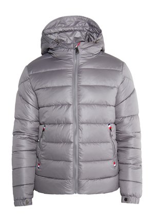 Giacca a vento grigia con cappuccio, dotata di chiusura a zip frontale, pannelli cuciti e tasca laterale con zip, con dettagli in rosso, bianco e blu.