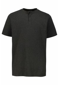 Tmavě šedé tričko s krátkým rukávem vyrobené z měkké látky, s kulatým výstřihem a tříknoflíkovou légou. Jednoduchý design, bez vzorů nebo akcentů.