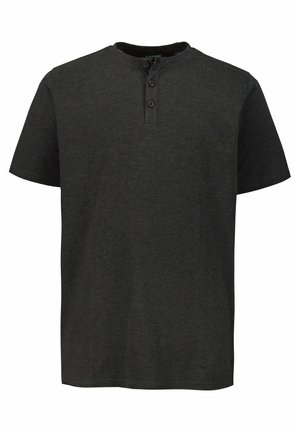 Dunkelgraues Kurzarm-T-Shirt aus einem weichen Stoff mit Rundhalsausschnitt und Knopfleiste mit drei Knöpfen. Einfaches Design, keine Muster oder Akzente.