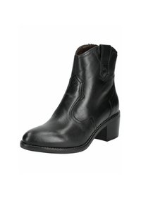 Botte de cheville en cuir noir avec un bout pointu, un petit talon carré, des coutures détaillées et des tirants latéraux pour un enfilage facile.