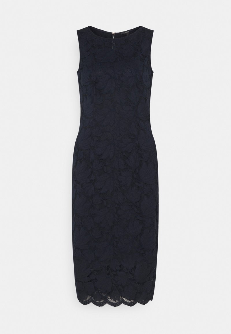 Robe noire en dentelle sans manches longueur genou avec motif floral, col rond et ourlet festonné.