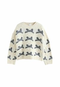 Sweter dziany w kolorze kremowym o miękkiej strukturze, z szarymi wzorami w kształcie kokardek oraz prążkowanymi mankietami i dolnym wykończeniem. Klasyczny styl z okrągłym dekoltem.