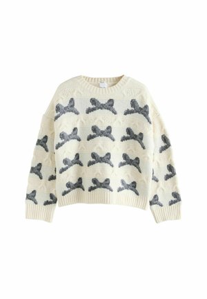 Knit sweater in cream with a soft texture, featuring gray bow patterns and ribbed cuffs and hem. Classic crew neck style.