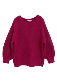 Fuksjowy sweter dziany z fakturowanym wzorem, okrągłym dekoltem i oversize'owymi balonowymi rękawami. Dolna krawędź jest lekko ściągana.