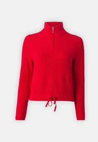 Pull à col roulé côtelé rouge avec une fermeture à glissière semi-ouverte sur le devant, des manches longues et un ourlet à cordon de serrage. Tissu texturé avec une silhouette ajustée.