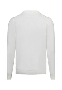 Weißer Langarm-Polo-Pullover mit Kragen. Weicher Stoff, figurbetonter Schnitt und gerippte B�ündchen und Saum. Keine sichtbaren Logos oder Muster.