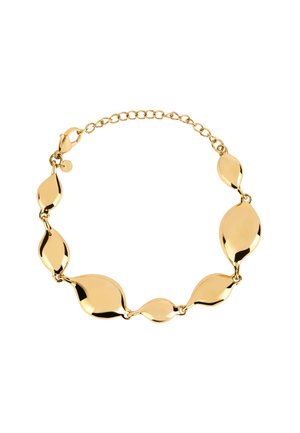 Bracciale color oro con collegamenti a forma di foglia allungata con superficie liscia e lucida, connessi da piccoli anelli e un moschettone.