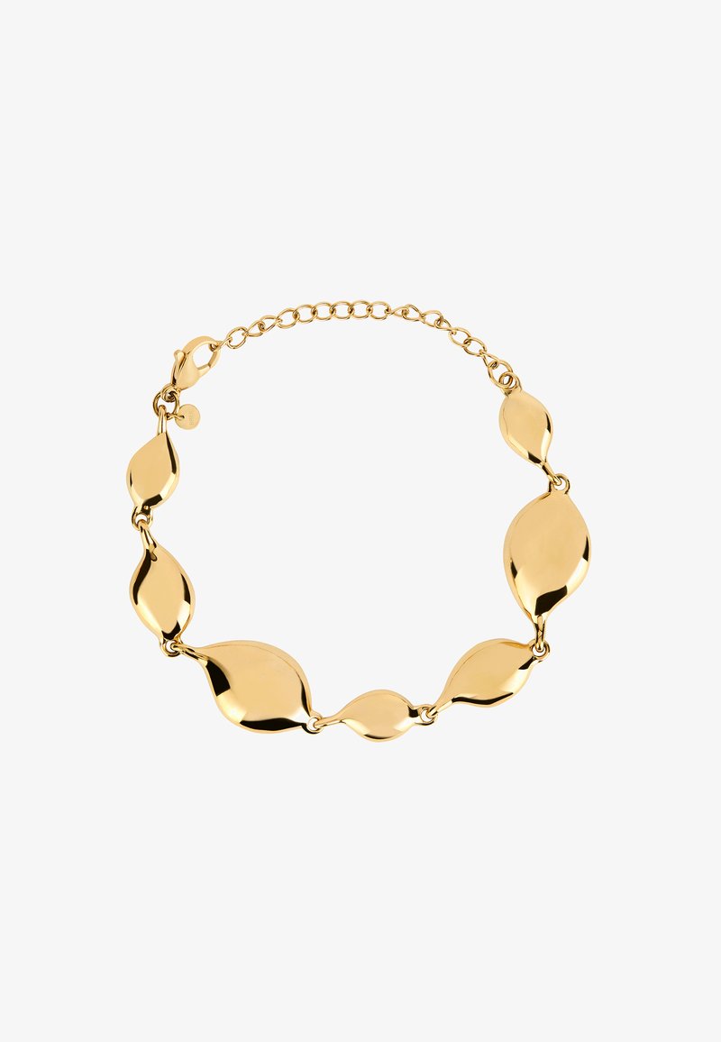 Bracelet couleur or mettant en valeur des maillons en forme de feuille allongée avec une surface lisse et brillante, reliés par de petits anneaux et un fermoir en forme de homard.