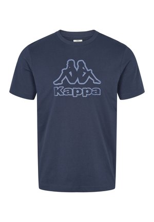 Mørkeblå kortermet T-skjorte med Kappa-logo som viser to rygg-til-rygg sittende silhuetter og "Kappa"-tekst i lyseblå.