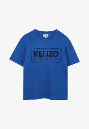 Blauwe katoen t-shirt met korte mouwen en een ronde hals. Bevat een zwart rechthoekig logo met "KENZO" en "PARIS" prominently gedrukt.