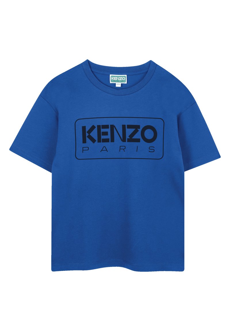 T-shirt en coton bleu à manches courtes et col rond. Présente un logo rectangulaire noir avec "KENZO" et "PARIS" imprimés en évidence.