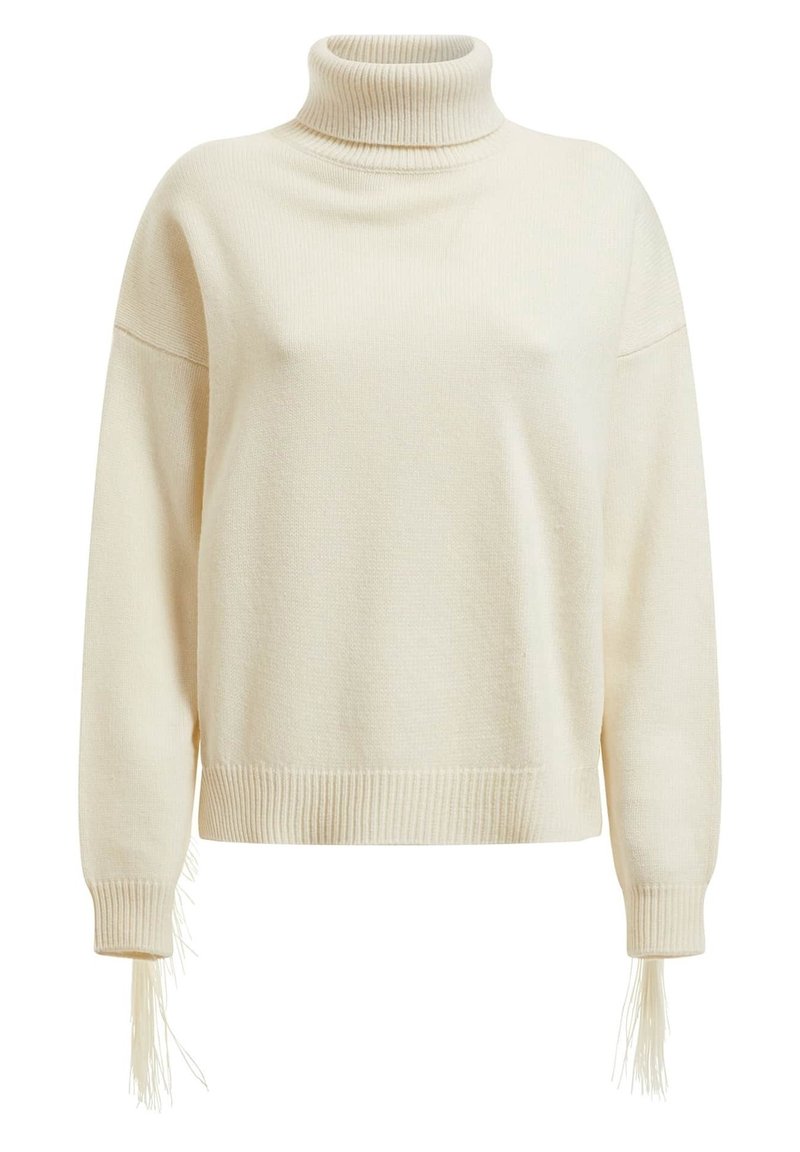 Kremowy, miękki sweter z wysokim kołnierzem z dzianiny, z prążkowanym kołnierzem i mankietami; posiada frędzle na rękawach, oversize'owy fason.