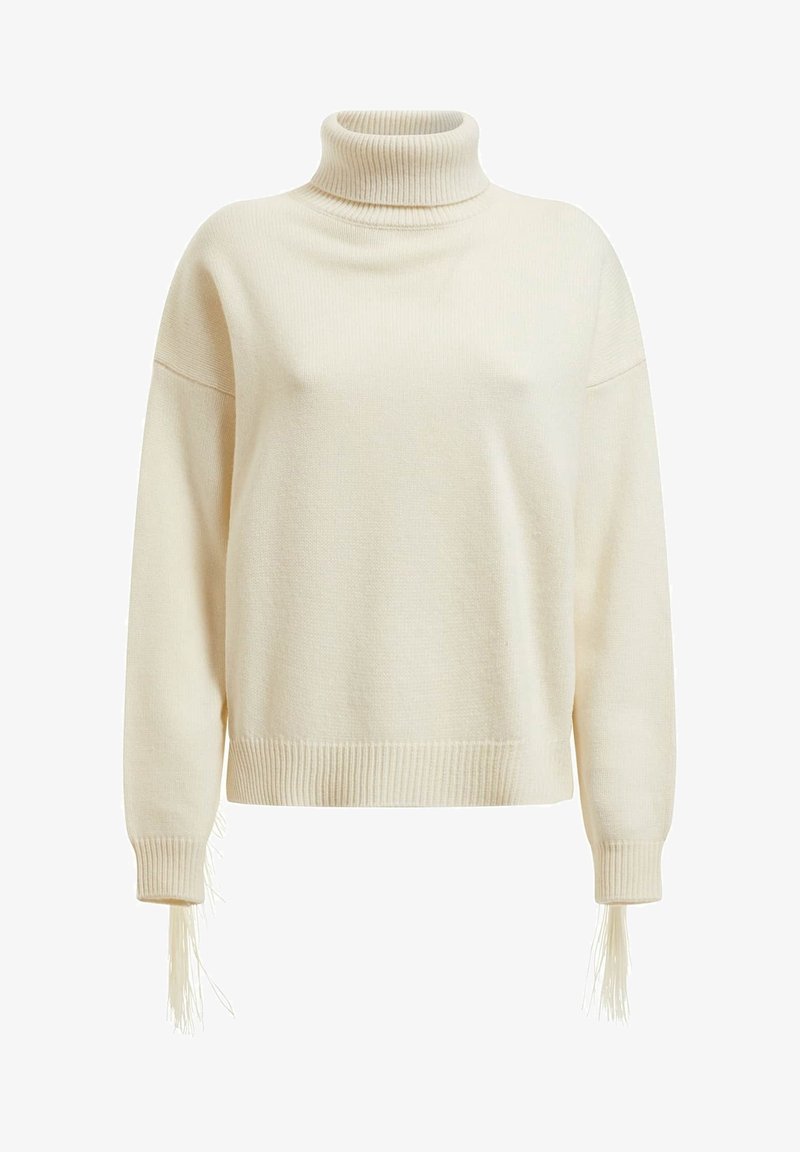 Kremowy, miękki sweter z wysokim kołnierzem z dzianiny, z prążkowanym kołnierzem i mankietami; posiada frędzle na rękawach, oversize'owy fason.