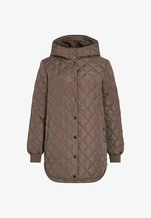 Braune gesteppte Langjacke mit Kapuze, Druckknopfverschluss, elastischen Bündchen und seitlichen Taschen.