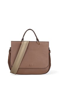 Borsa a mano in pelle marrone con una forma strutturata, doppi manici superiori e una tracolla beige staccabile. Accenti in metallo dorato.