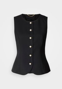 Svart ermløs vest med rund hals, med seks runde perlelignende knapper foran og en skreddersydd, figurnær design.