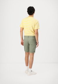 Cămașă cu mânecă scurtă, galbenă și albă cu dungi; pantaloni scurți verzi cu manșete rulată; adidași și șosete albe; văzut din spate pe un fundal simplu.