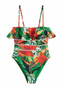 Eéndelig badpak met bloemenpatroon, met een groene basis, levendige rode en oranje bloemen, gerimpelde halslijn en dunne schouderbandjes.
