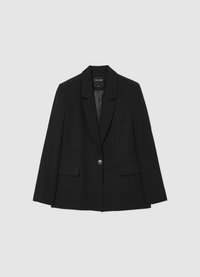 Schwarzer Blazer aus glattem Stoff, mit einem einzelnen Knopfverschluss, zwei Vordertaschen und einem klassischen Revers mit Kerbe.