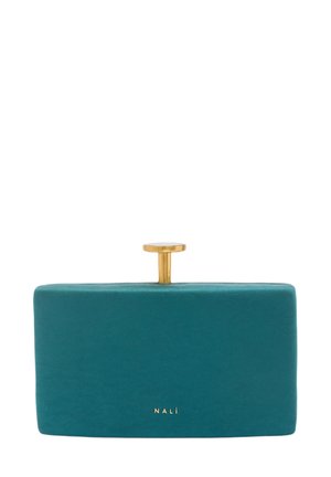Clutch rettangolare teal in morbido materiale, dotata di chiusura in metallo dorato e dettaglio del logo sul davanti.