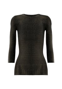 Sort strikket top med trekvartlange ærmer, der har et tekstureret mønster og en tætsiddende silhuet. Rund halsudskæring med en glat finish.