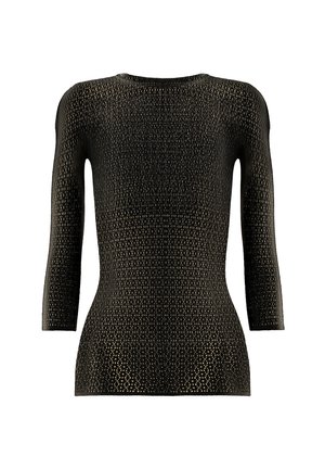 Sort strikket top med trekvartlange ærmer, der har et tekstureret mønster og en tætsiddende silhuet. Rund halsudskæring med en glat finish.