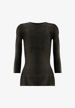 Sort strikket top med trekvartlange ærmer, der har et tekstureret mønster og en tætsiddende silhuet. Rund halsudskæring med en glat finish.