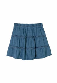 Denimkjol med tre volanger, elastisk midja och en avslappnad passform. Färgen är djupblå med en mjuk textur.