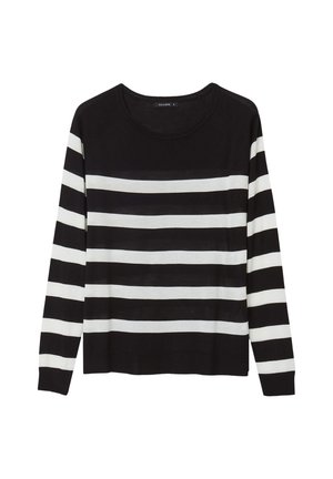 Pull à manches longues à rayures noires et blanches, avec un col rond et des poignets côtelés. Tissu doux avec une coupe décontractée.