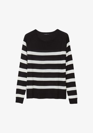Maglione a maniche lunghe a righe bianche e nere con scollatura rotonda e polsini a coste. Tessuto morbido con vestibilità comoda.