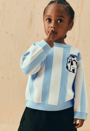 Pull en bleu clair et blanc à rayures, avec un col rond et des manches longues. Présente une broderie de carton de lait sur la poitrine. Pantalon noir.