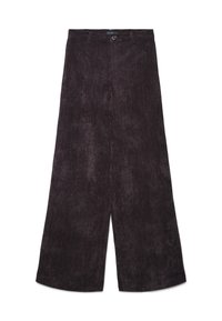 Dunkelbraune weite Cord-Hosen mit Gürtelschlaufen, Knopfverschluss und flachem Vorderteil, flach auf einem weißen Hintergrund ausgelegt.