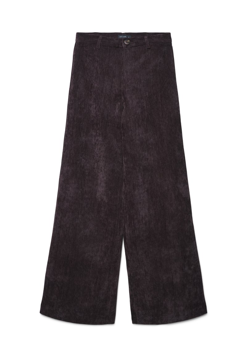 Dunkelbraune weite Cord-Hosen mit Gürtelschlaufen, Knopfverschluss und flachem Vorderteil, flach auf einem weißen Hintergrund ausgelegt.