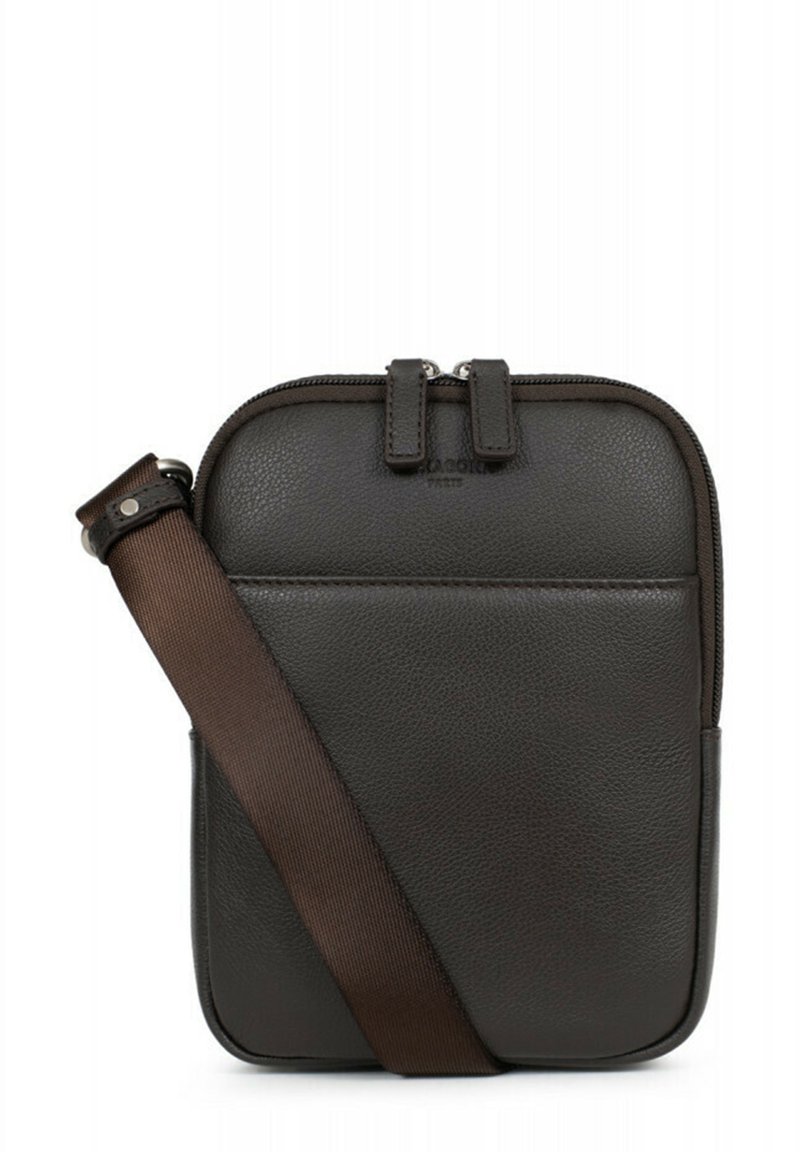 Borsa a tracolla in pelle marrone con superficie liscia, chiusura con zip e tracolla staccabile di colore marrone scuro; presenta una tasca frontale.
