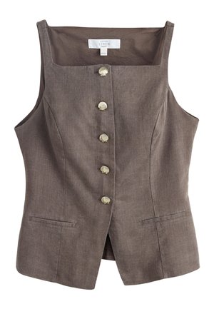 Ärmellose braune Leinenweste mit quadratischem Ausschnitt, fünf muschelförmigen Knöpfen vorne und zwei kleinen horizontalen Taschen.