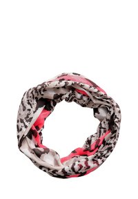 Mehrfarbiger Infinity-Schal mit einer Mischung aus rosa, beige und schwarzen tierischen Mustern, aus leichtem Stoff mit einer weichen Textur gefertigt.