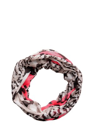 Multicolor infinity scarf featuring a blend of pink, beige, and black animal print patterns, made from lightweight fabric with a soft texture.