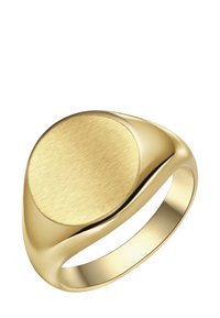 Zlati pečatni prstan z gladkim, zaobljenim pasom in ravno, brušeno površino na vrhu. Površina ima subtilno teksturo in sijaj.