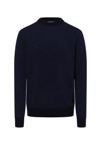 Marineblaues Strickpullover mit Fischgrätenmuster, Rundhalsausschnitt, gerippte Bündchen und Saum, aus einem strukturierten Stoff gefertigt.