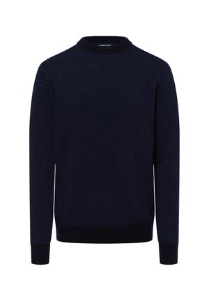 Marineblaues Strickpullover mit Fischgrätenmuster, Rundhalsausschnitt, gerippte Bündchen und Saum, aus einem strukturierten Stoff gefertigt.