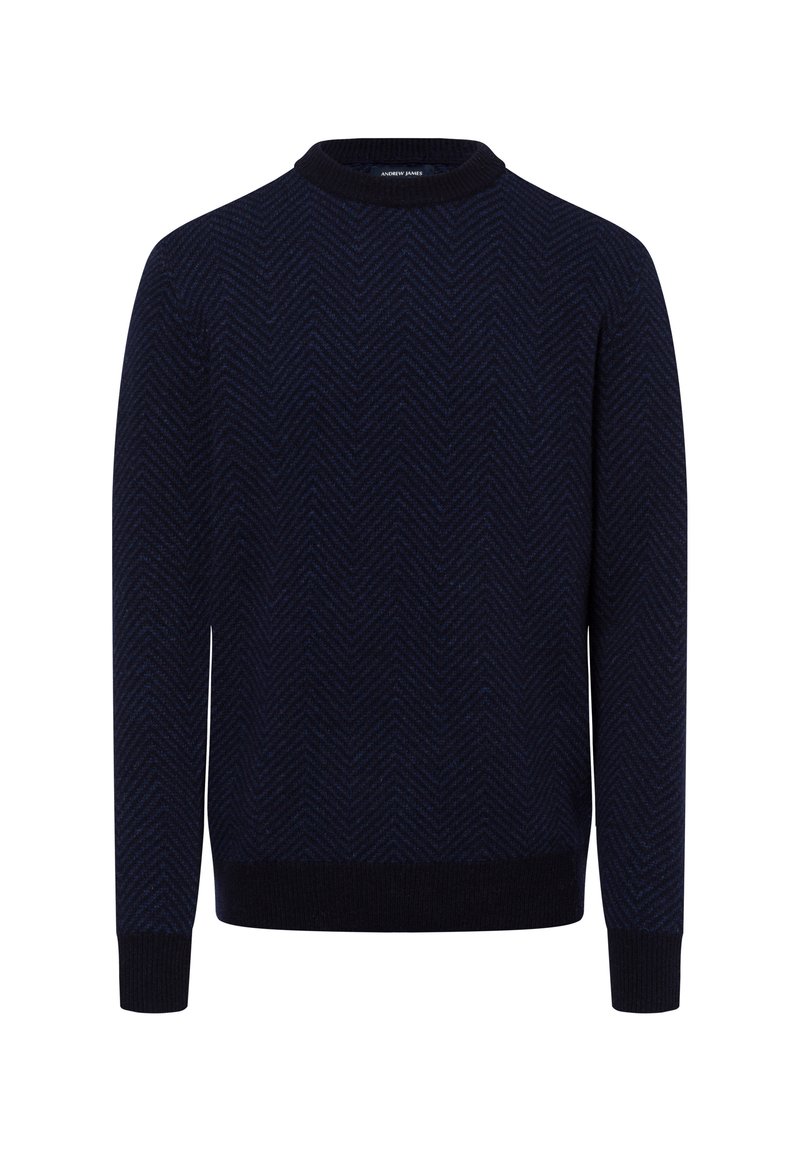 Marineblaues Strickpullover mit Fischgrätenmuster, Rundhalsausschnitt, gerippte Bündchen und Saum, aus einem strukturierten Stoff gefertigt.