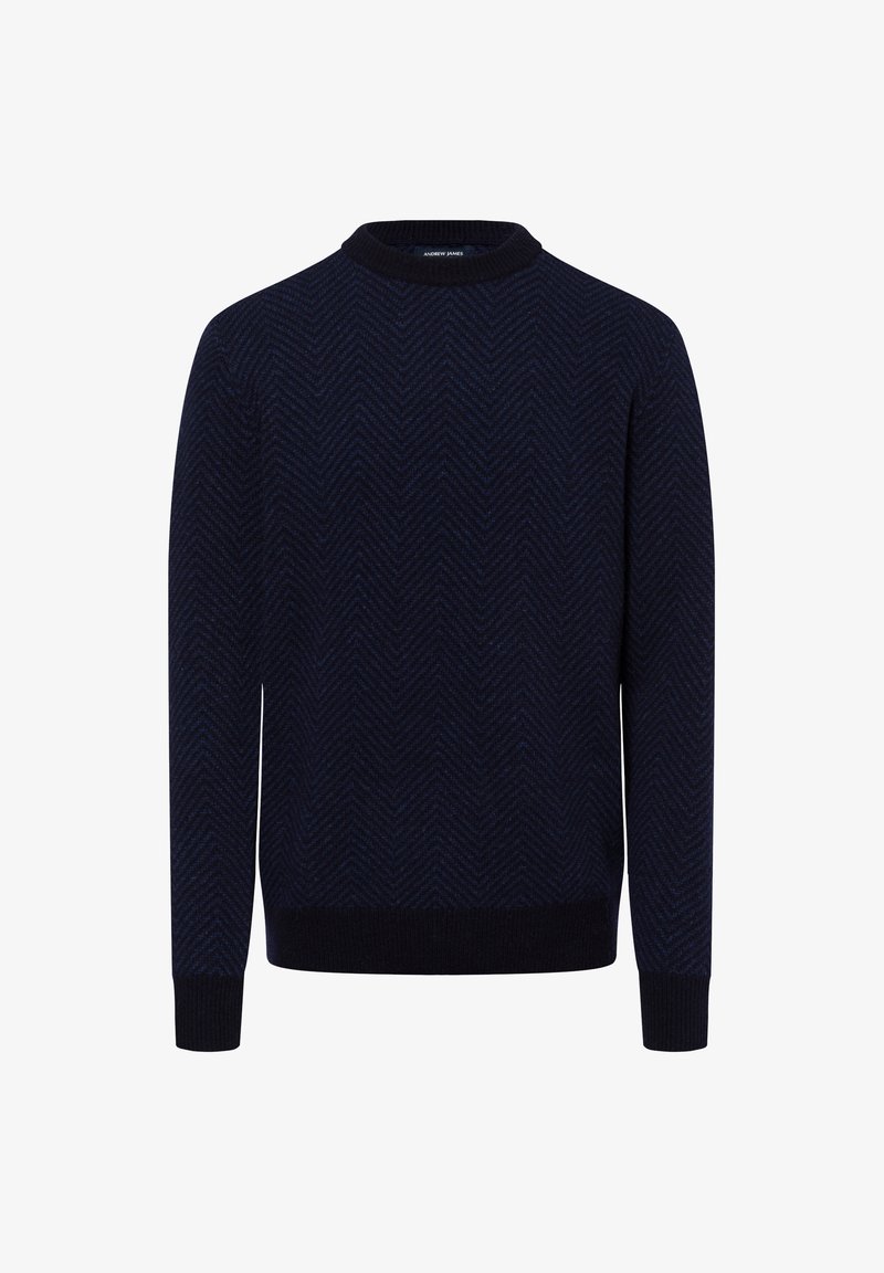 Marineblaues Strickpullover mit Fischgrätenmuster, Rundhalsausschnitt, gerippte Bündchen und Saum, aus einem strukturierten Stoff gefertigt.
