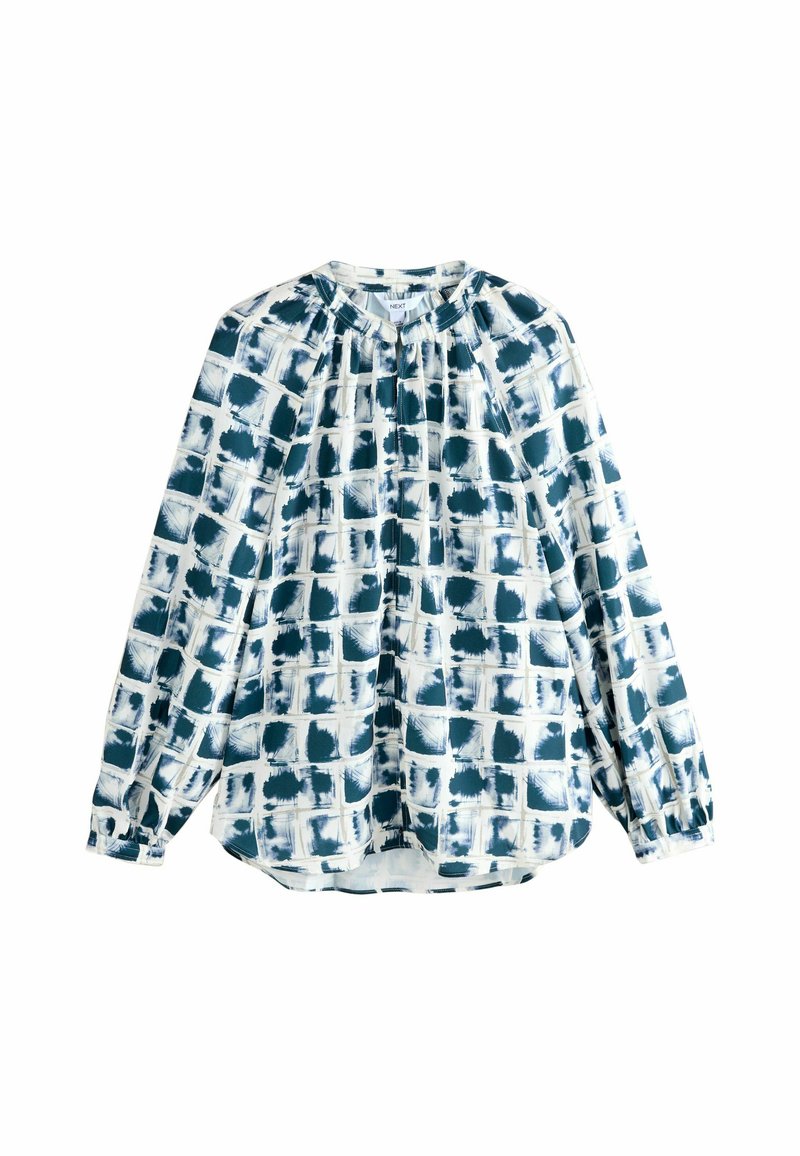 Blouse à manches longues en motif carreaux bleus et blancs, avec encolure froncée et poignets élastiques, fabriquée en tissu léger.