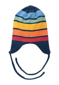 Neulottu pipo, jossa on sinisiä, vihreitä, keltaisia, oransseja ja punaisia vaakaraitoja. Varustettu korvaläpillä ja nauhoilla varmistaakseen hyvän istuvuuden. Pehmeä rakenne.