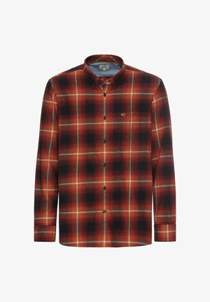 Rot- und schwarz kariertes Hemd aus gewebtem Stoff, mit Knöpfen, Kragen und langen Ärmeln. Dezent helleres Karomuster über die gesamte Fläche.