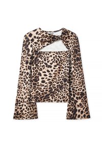 Leopard print top with a twist-front design, long sleeves, and a scoop neckline. Made from smooth, stretchy fabric.